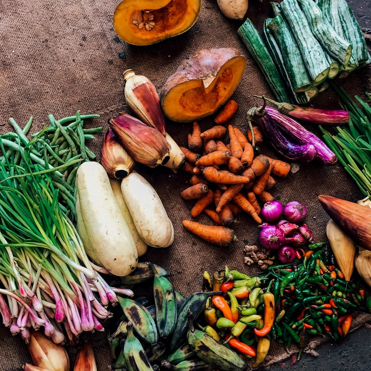 Fresh vegetables, herbs and chillies laid out on a cloth
