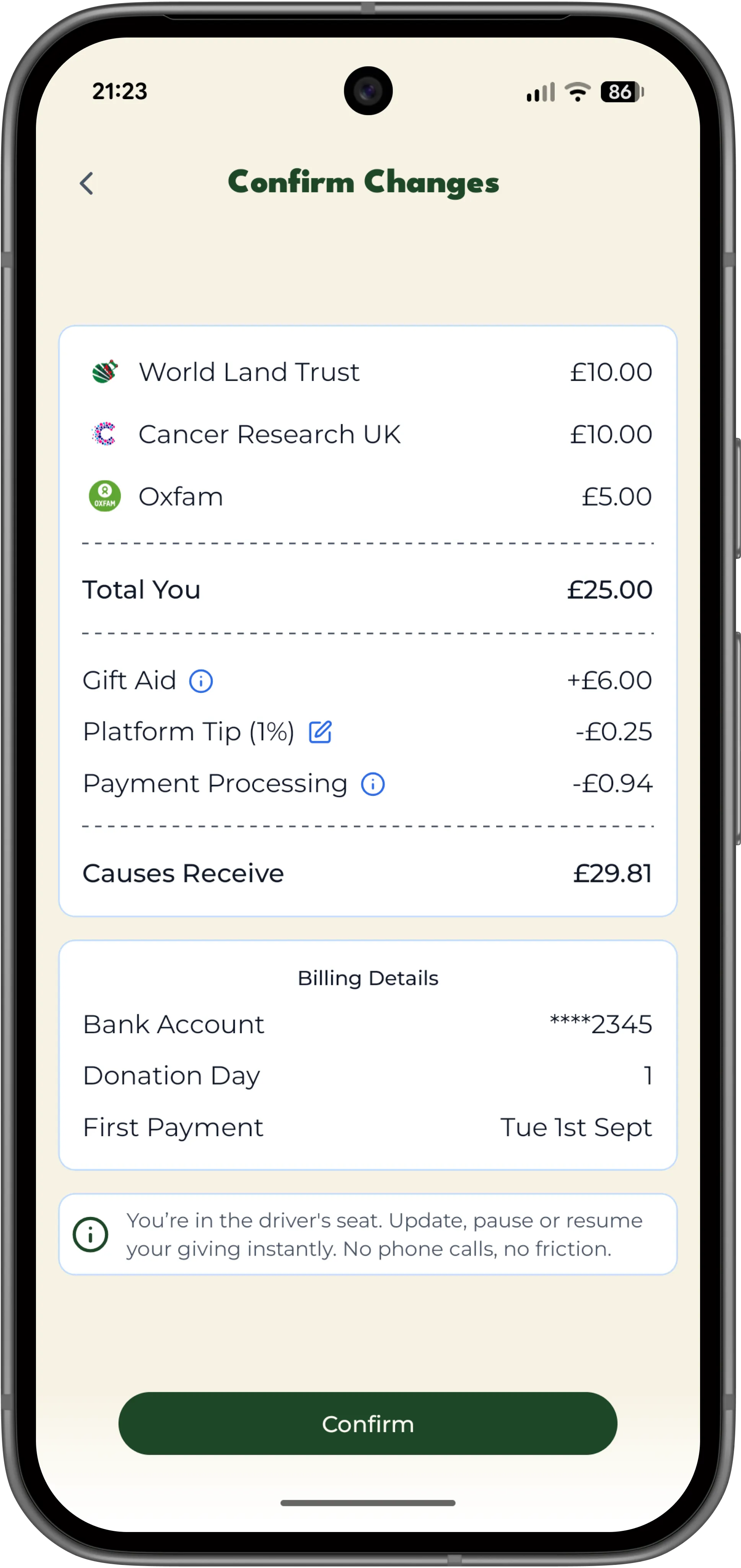 The Legacy app's Confirm Changes screen: £25 a month split between three charities, with Gift Aid added and the total the causes receive