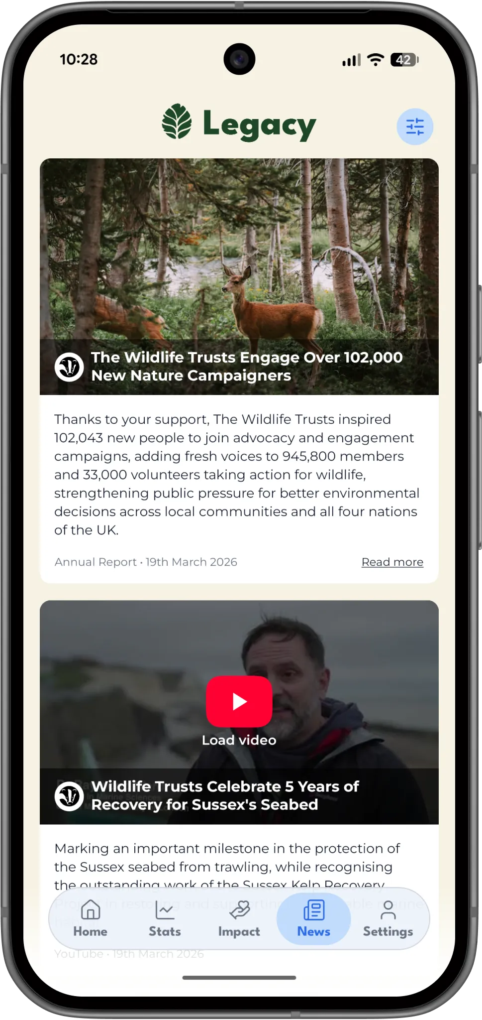 Legacy positive news feed shown in a Pixel 10 phone mockup