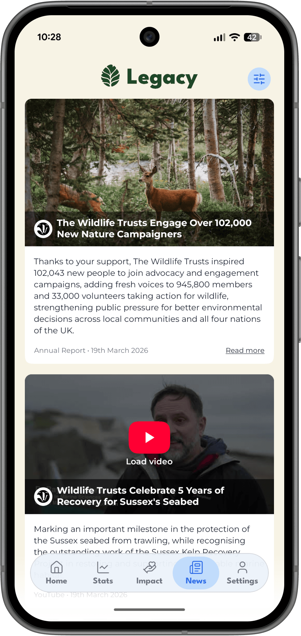 Legacy positive news feed shown in a Pixel 10 phone mockup