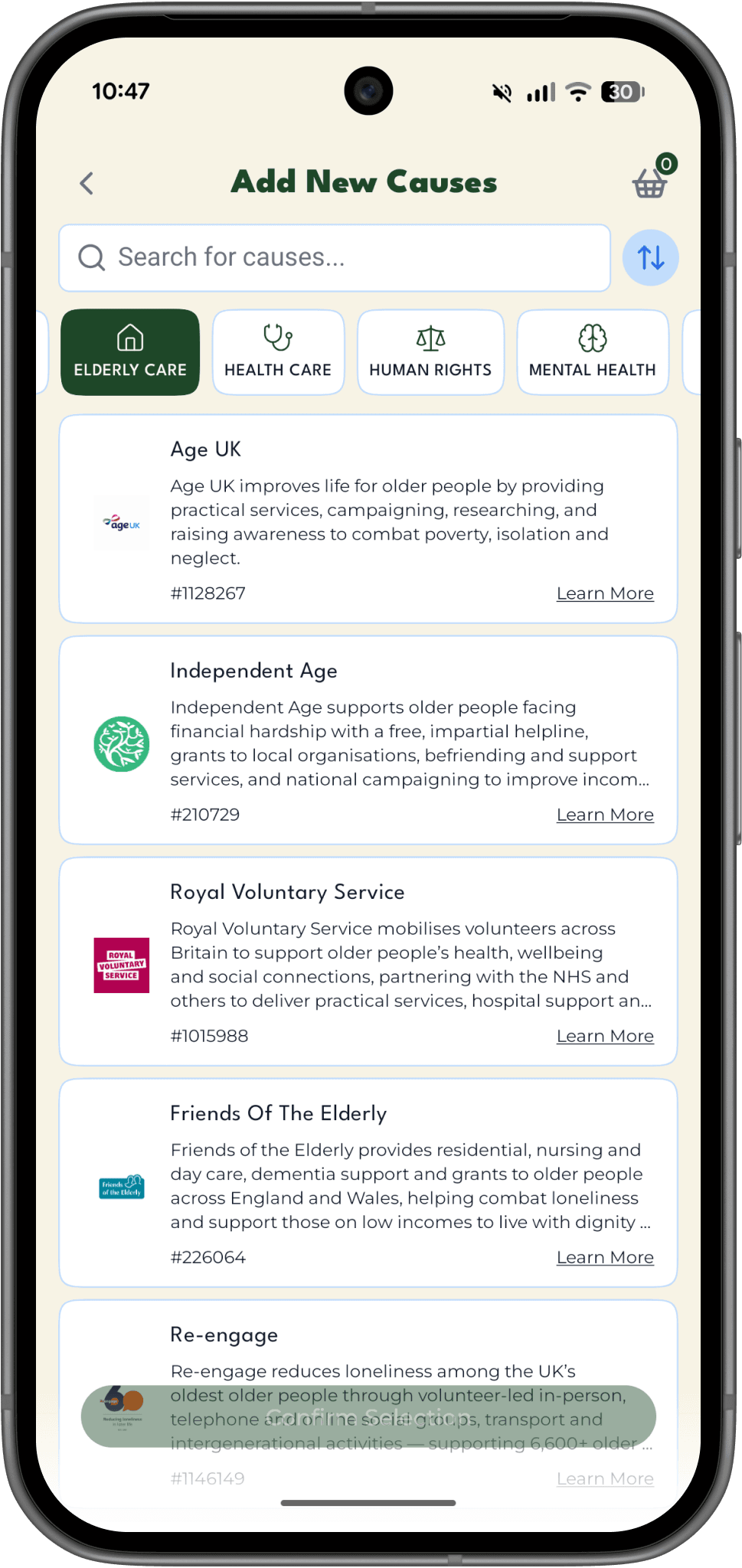 Legacy cause search screen shown in a Pixel 10 phone mockup