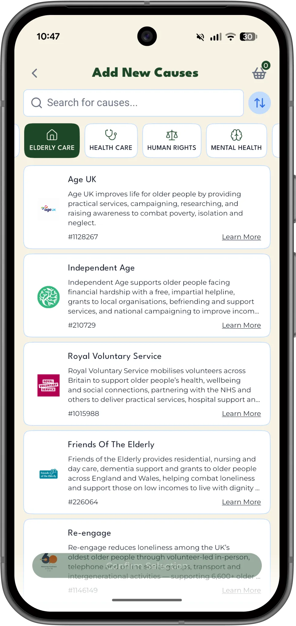 Legacy cause search screen shown in a Pixel 10 phone mockup
