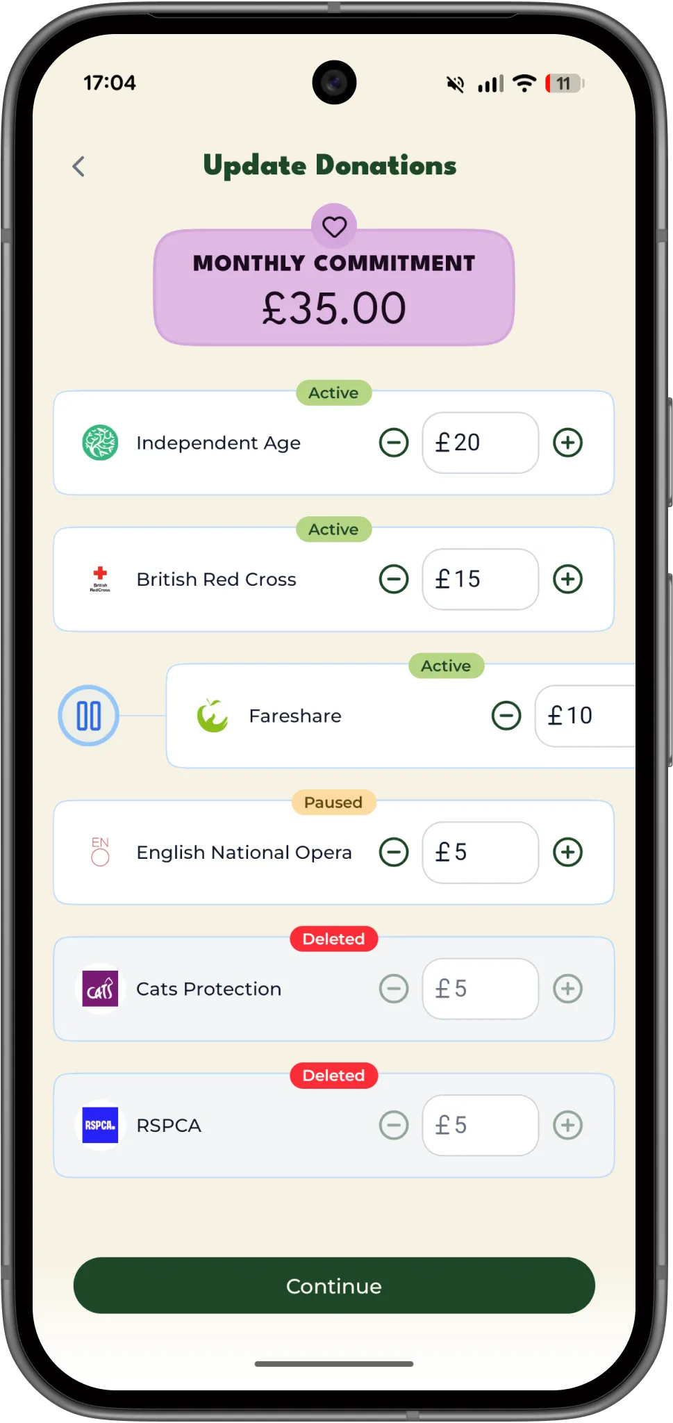 Legacy update donations screen shown in a Pixel 10 phone mockup